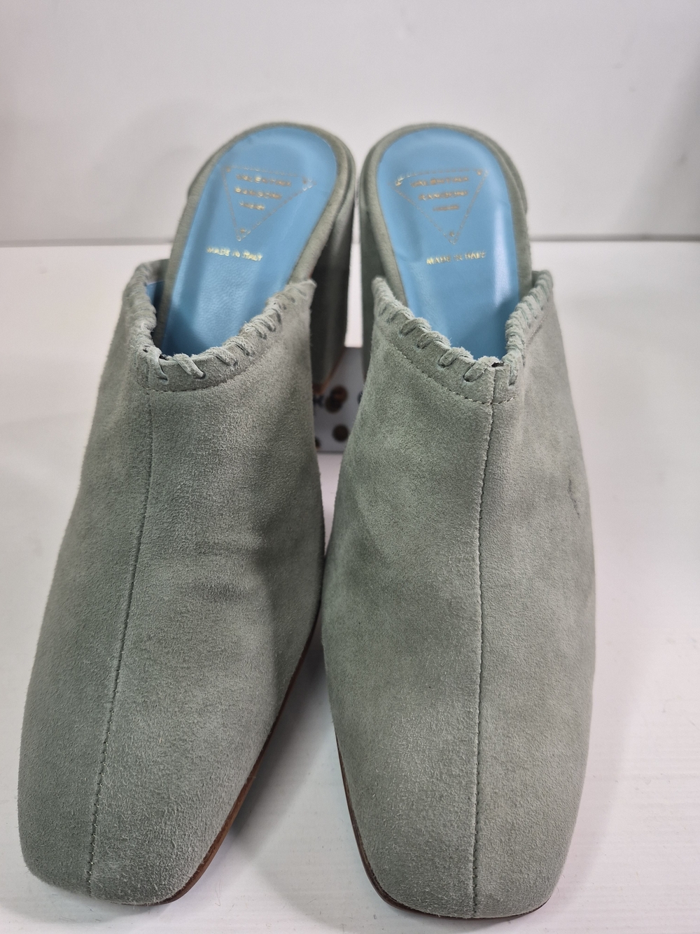Valentina Rangoni Suede Slip-On Mule Heels in Sage Green